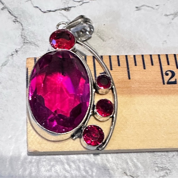 Artisan Silver tone Pendant with Vibrant Pink Crystal and Red Accents - Picture 6 of 7